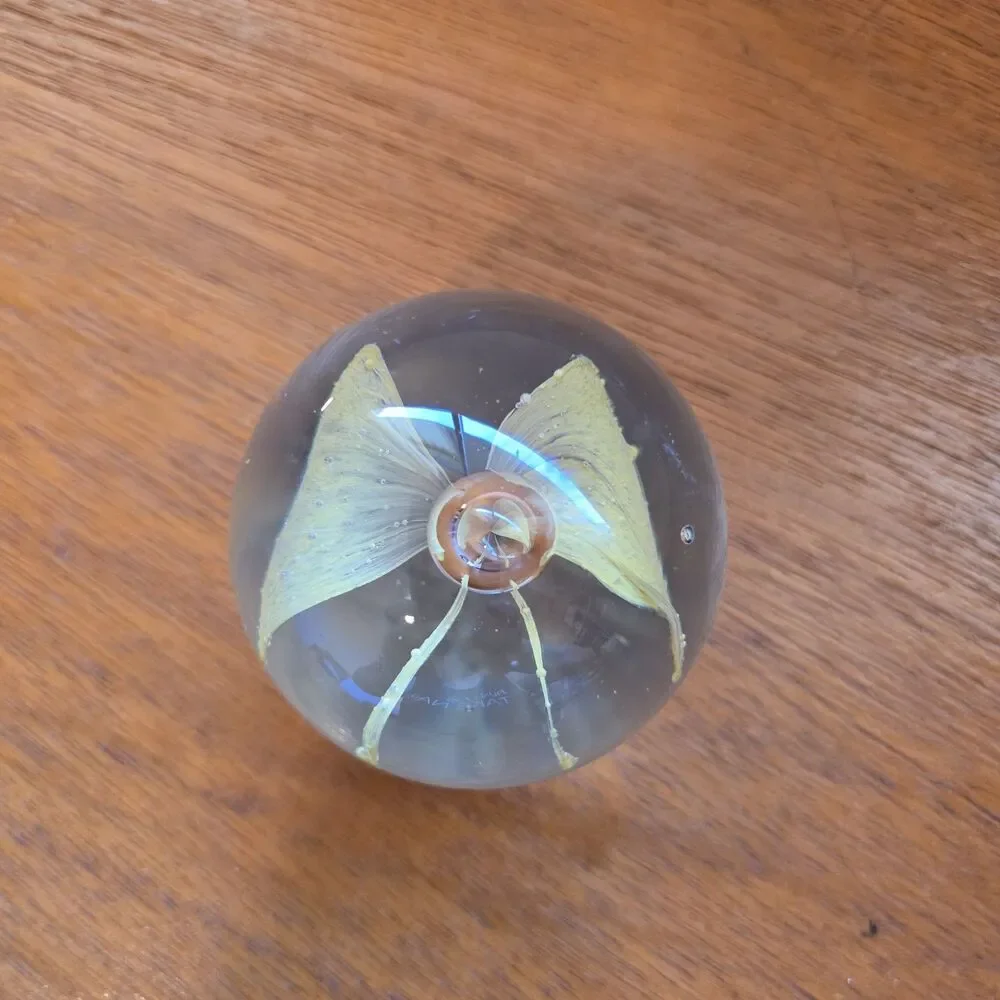 VTG Art Glass Paperweight Yellow Butterfly Design, Light Not Included